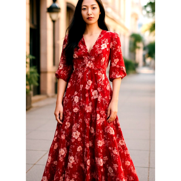 Melonie Maxi Dress Womens 10 Tall Red Floral Lined Tiered Peasant Boho - Picture 1 of 14
